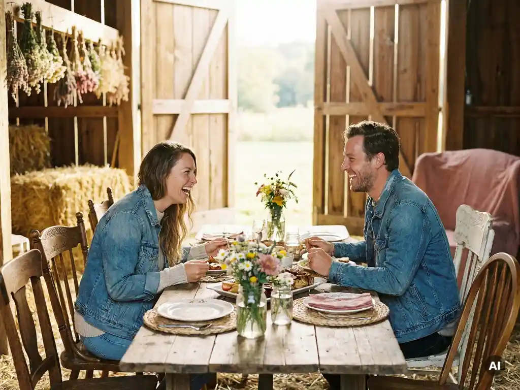 Lachendes Paar beim entspannten Mittagessen an einem rustikalen Holztisch mit Wildblumen, warmes Sonnenlicht durch Scheunentor.