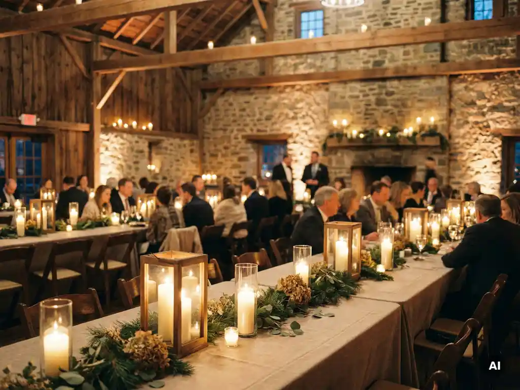 Rustikaler Hochzeitssaal in einer Scheune mit Kerzenlichtern in Holzlaternen und Glaswindlichtern auf leinenbezogenen Tischen, Wintergrün und getrockneten Blumen.