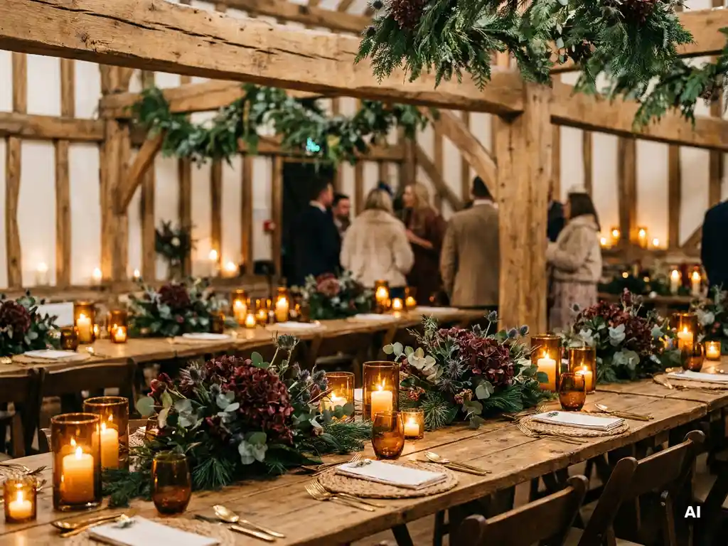 Rustikale Scheune mit langer Holztafel, Kerzenleuchtern, burgunderroten Trockenblumen und Kiefernzweigen für eine Winterhochzeit.