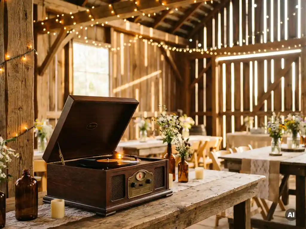 Vintage-Plattenspieler mit drehendem Vinyl auf rustikalem Holztisch in einer Scheunenhochzeit, Lichterketten und Wildblumen im warmen Bokeh-Hintergrund.
