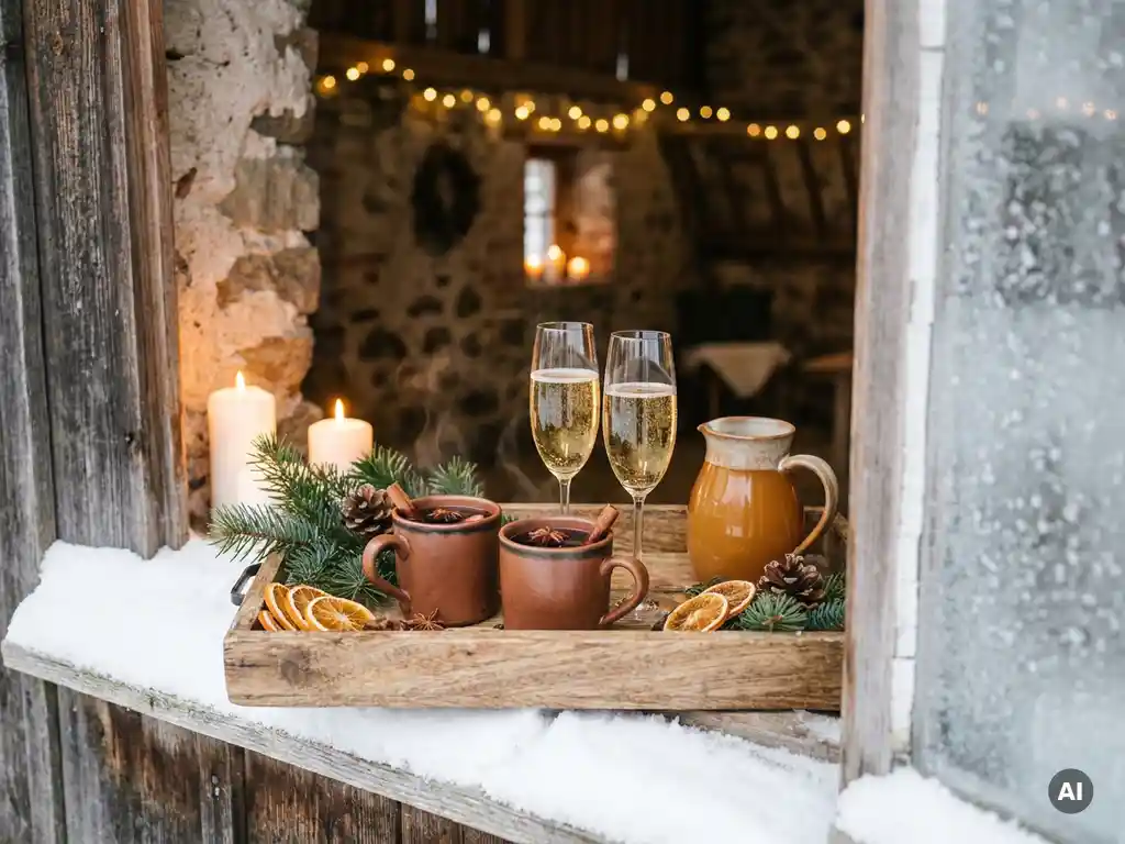 Rustikales Holztablett mit dampfendem Glühwein, Champagnerflöten und Apfelmost-Krug auf schneebedecktem Scheunen-Fensterbrett mit Tannenzapfen und Kerzen.