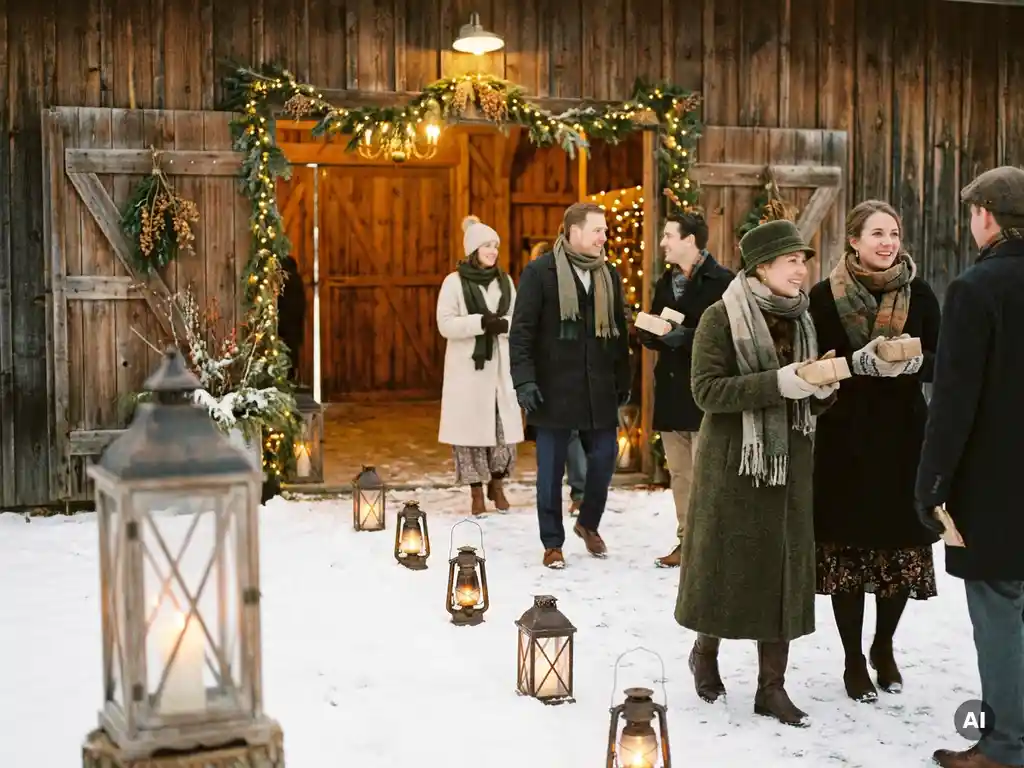 Rustikaler Scheuneneingang mit Lichterketten und Wintergrün, Gäste in Wollmänteln auf beleuchtetem Schneeweg, goldenes Licht aus offenen Scheunentüren.